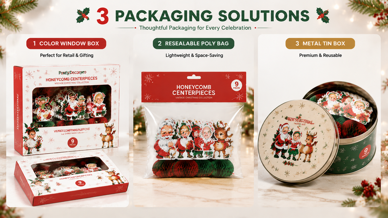 Three honeycomb centerpiece packaging options: color window box, resealable poly bag, and reusable metal tin.