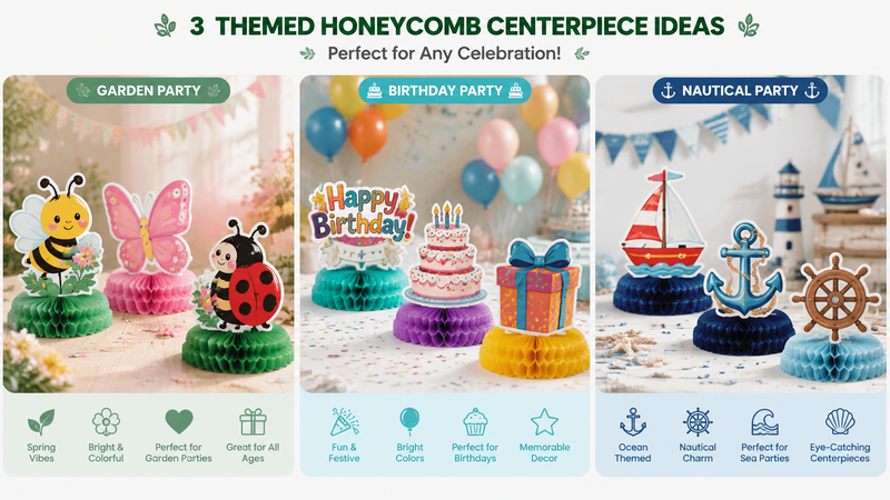 Three themed honeycomb centerpieces for garden, birthday, and nautical parties, colorful and playful designs.