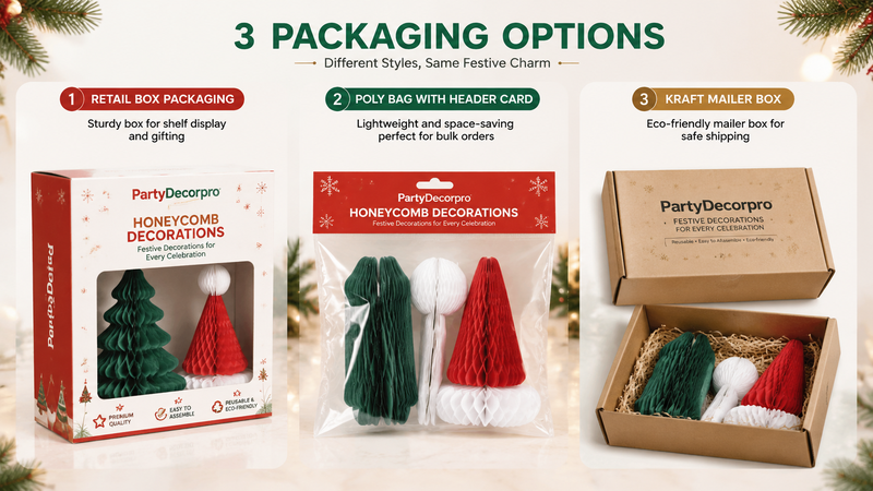 Three honeycomb decoration packaging options: Retail Box, Poly Bag with Header Card, and Kraft Mailer Box.