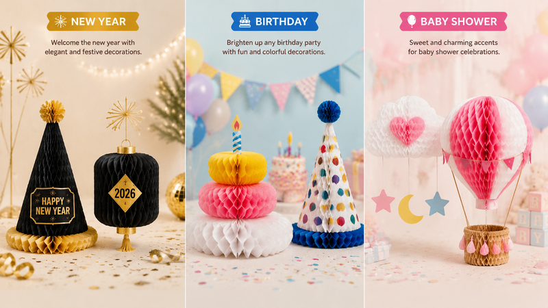 Three themed honeycomb decorations for New Year, Birthday, and Baby Shower celebrations, foldable and colorful.