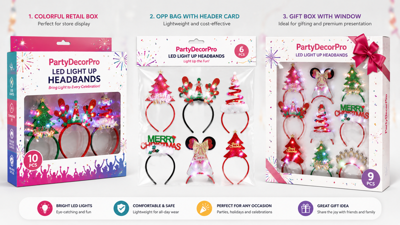 Custom LED Christmas headband packaging concepts featuring retail box, OPP bag with header card, and window gift box pre