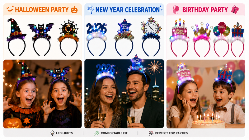 LED light-up party headband collection featuring Halloween, New Year celebration, and birthday themed custom designs with colorful festive accessories and lifestyle party scenes