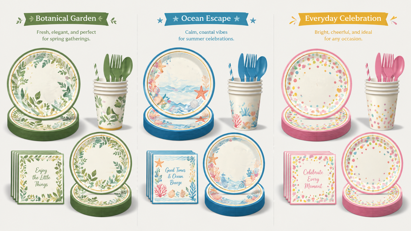 Disposable party tableware set with multi-theme designs including paper plates cups napkins and cutlery for celebrations and events