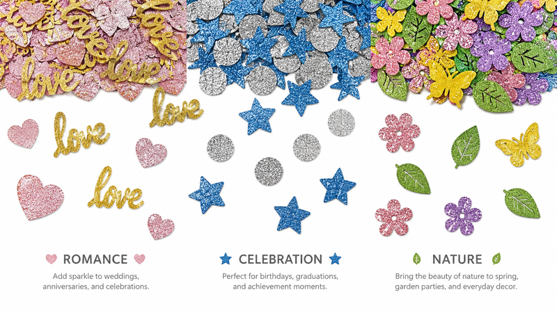 16:9 flat lay display of custom glitter confetti featuring romance heart designs, celebration stars and circles, and nature-inspired flowers, butterflies, and leaf shapes for party decorations