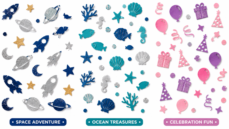 Multi-theme glitter confetti featuring space adventure, ocean creatures and celebration party shapes in colorful custom die-cut designs