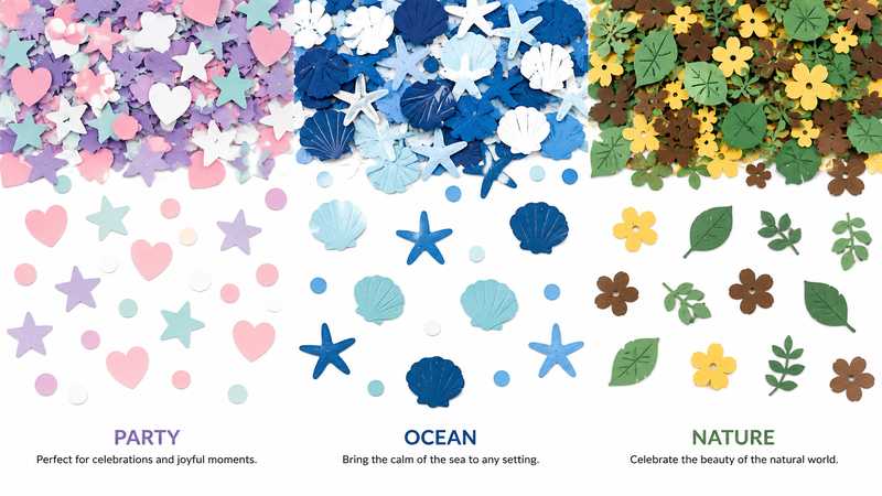 16:9 themed paper confetti collection featuring party hearts and stars, ocean shells and starfish, and nature flowers and leaf shapes in colorful custom die-cut designs