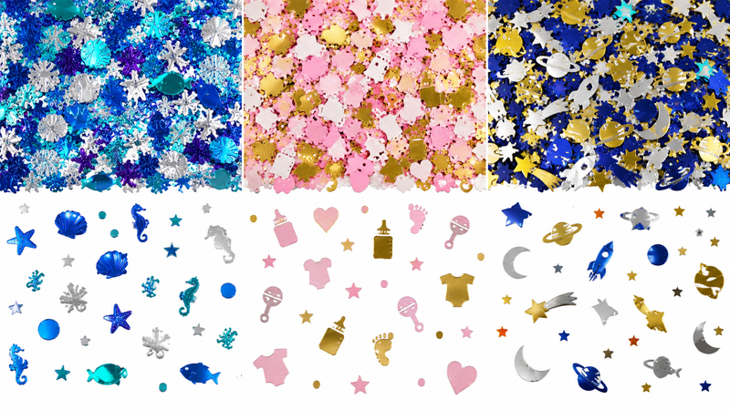 16:9 themed metallic confetti collection featuring ocean, baby shower and space designs with colorful precision-cut decorative shapes for party supplies and custom event décor