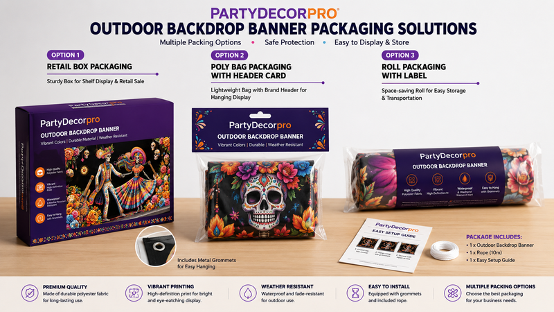 Custom outdoor backdrop banner packaging solutions featuring retail box, hanging poly bag, and rolled packaging options with branded presentation and protective packaging designs.