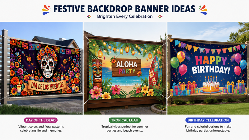 Custom outdoor backdrop banners featuring Day of the Dead, tropical luau, and birthday party themes for event decorations, fence displays, and promotional backdrops.