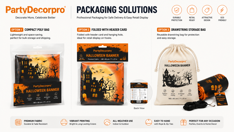 Custom Halloween Banner Packaging Options Including Poly Bag Header Card Bag and Drawstring Storage Bag
