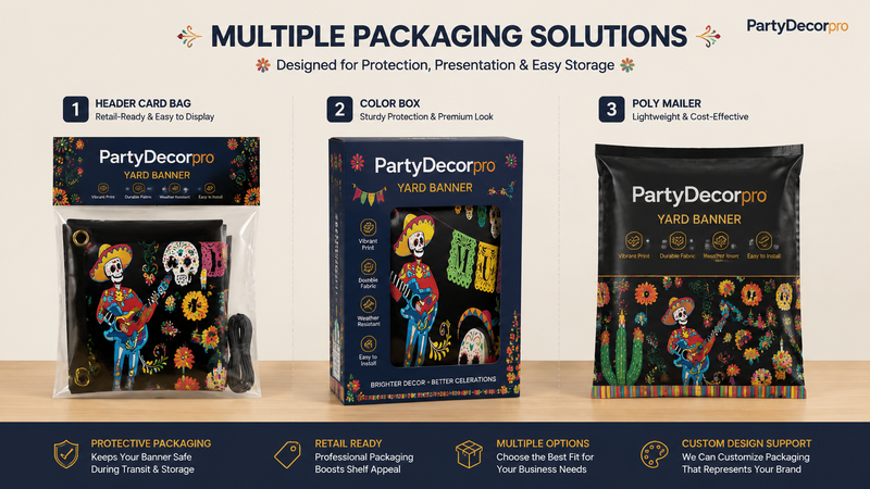 Custom seasonal banner packaging solutions with zipper bag, premium box, and retail mailer designs for wholesale display