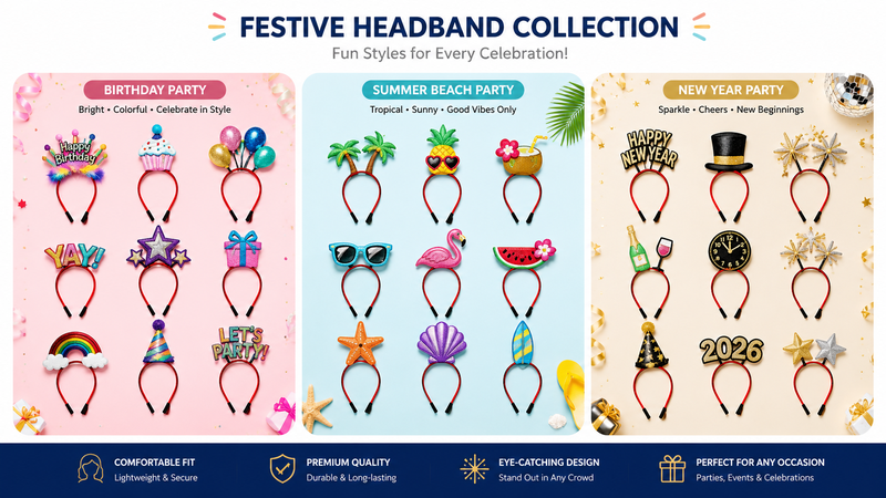 16:9 themed party headband collection featuring birthday summer beach and New Year designs with colorful decorative elements and customizable styles