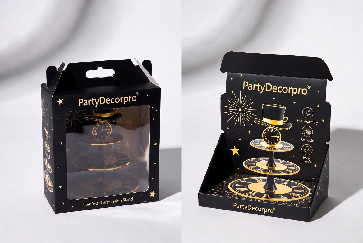 Premium black and gold packaging options for three-tier New Year cake stand - gift box and retail display box