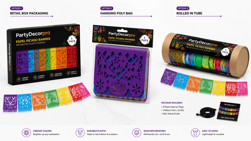 Three packaging options for decorative plastic banners including retail box, hanging poly bag, and rolled tube, featuring colorful festive designs and customizable branding.