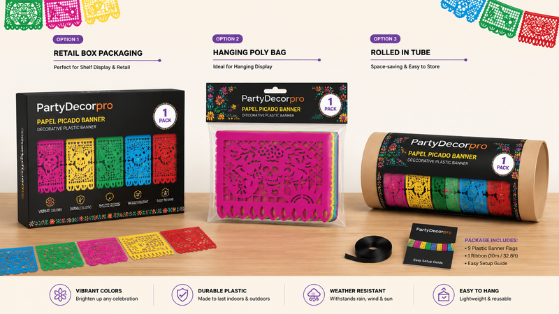 Custom plastic papel picado banner packaging featuring retail box, hanging poly bag, and rolled tube options with colorful decorative banner designs and customizable branding.