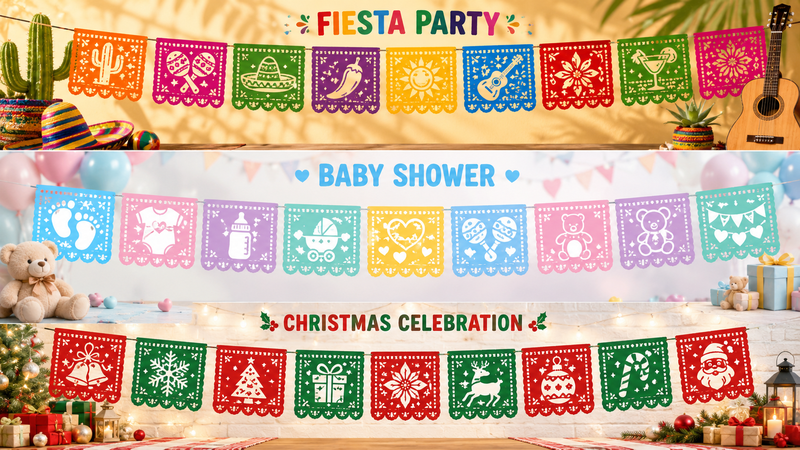 Custom plastic papel picado banners featuring Fiesta Party, Baby Shower, and Christmas Celebration themes with colorful die-cut designs for events and party decorations.