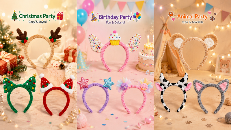 Custom plush party headbands featuring Christmas, birthday, and animal themed designs displayed in immersive festive atmosphere scenes
