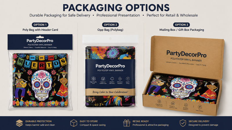 Custom polyester vinyl banner packaging featuring header-card poly bag, display poly bag, and mailing box options with branded retail-ready presentation.