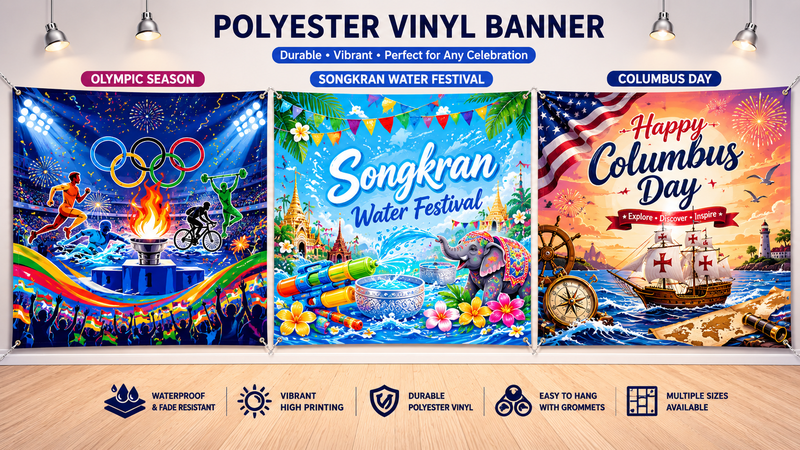 Custom polyester vinyl banners featuring Olympic Season, Songkran Water Festival, and Columbus Day themes for event decorations, promotional displays, and party backdrops.
