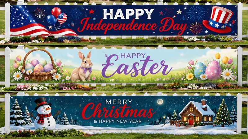 Custom Fabric Banner Themes Including Spring Blossom Birthday Party and Winter Wonderland Outdoor Decoration Designs