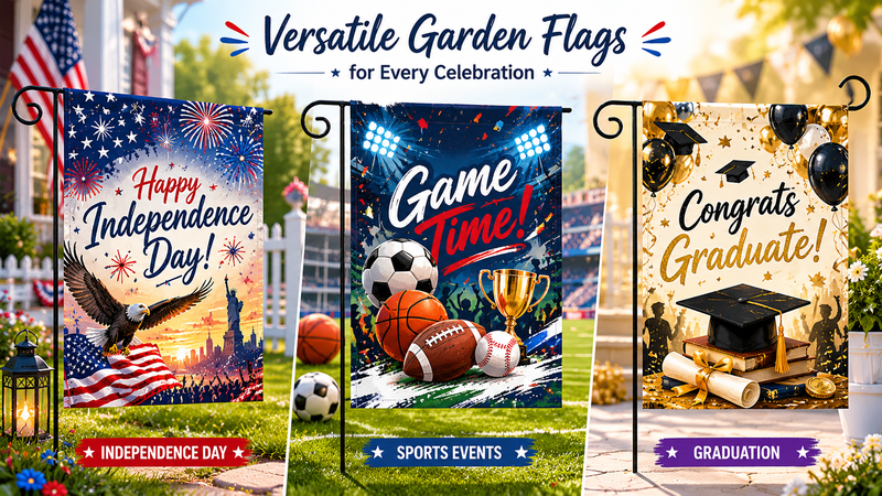 Patriotic, sports, and graduation themed garden flags with colorful outdoor celebration designs and durable double-sided printing.