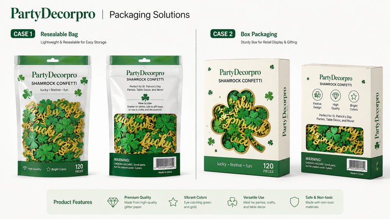 Custom shamrock confetti packaging solutions featuring resealable pouches and retail box designs with branded display concepts for party supplies
