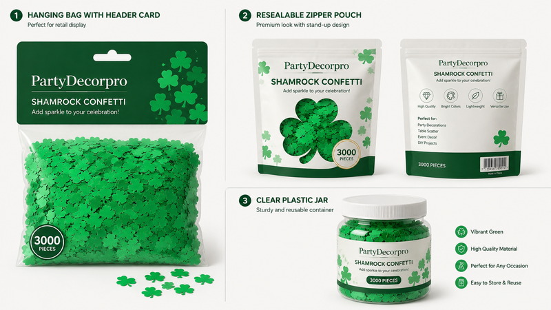 Packaging mockup featuring shamrock confetti with hanging bag, resealable pouch, and clear plastic jar packaging options for retail and custom branding display