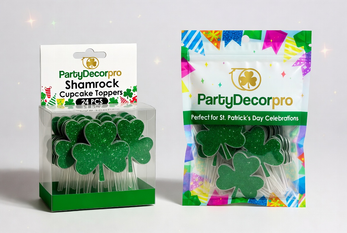 Premium custom packaging options for shamrock cupcake toppers including clear display box and resealable pouch showcasing your brand