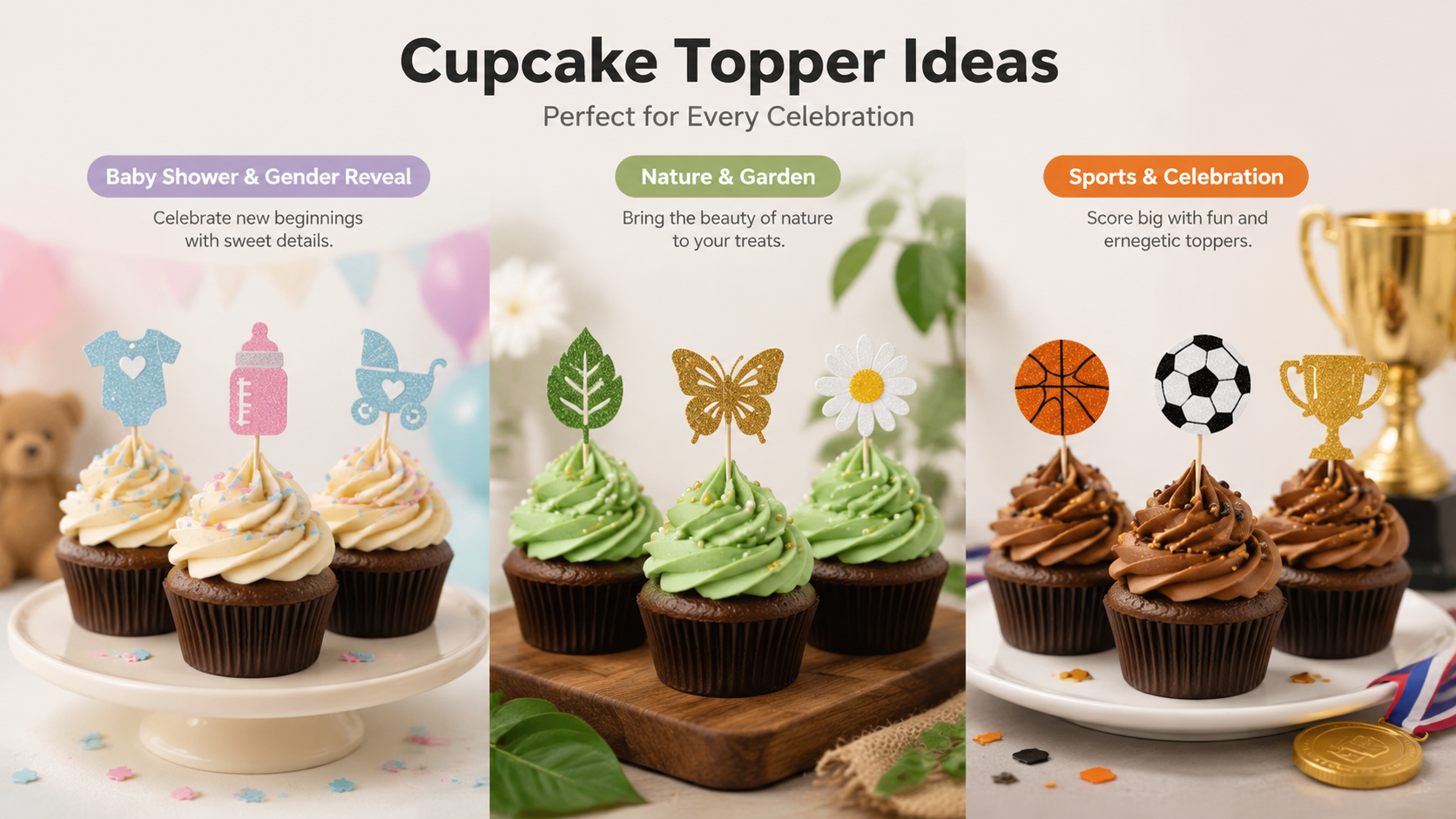 Themed cupcake toppers for baby showers, garden parties, and sports celebrations, customizable for any occasion.
