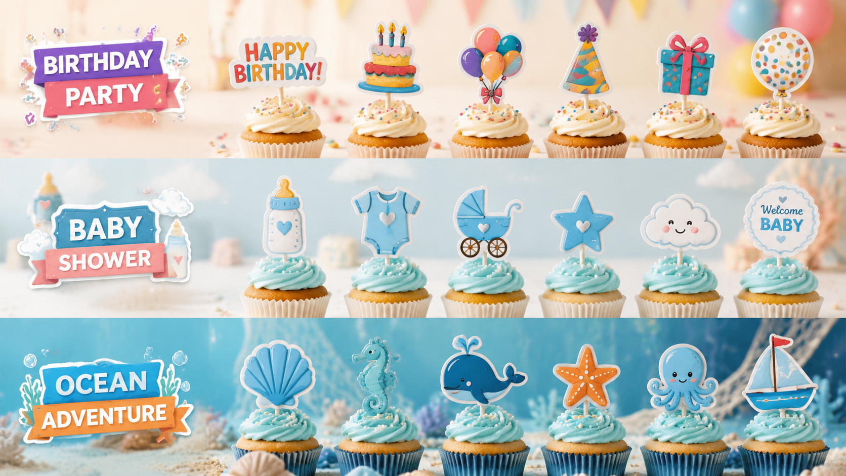 Custom themed cupcake toppers for birthday, baby shower, and ocean adventures, colorful and detailed.