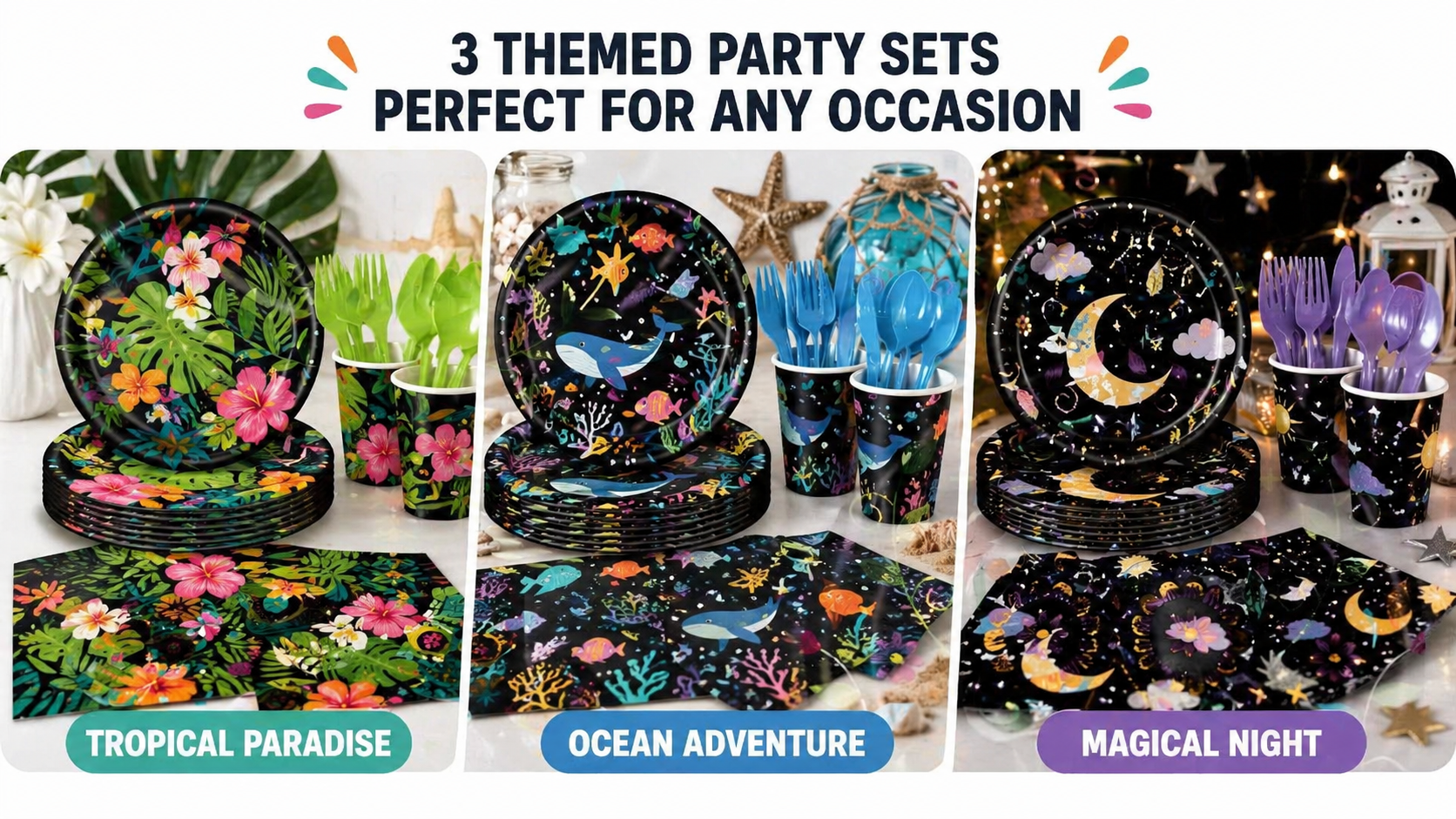 Three themed party tableware sets including tropical, ocean, and magical night designs with coordinated plates, cups, napkins, and cutlery for event decoration