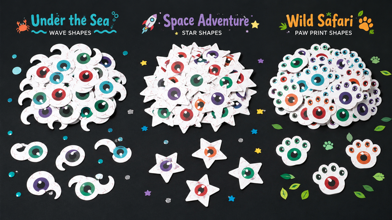 16:9 themed confetti concept board featuring wave, star and paw-shaped colorful decorative paper pieces for party customization inspiration
