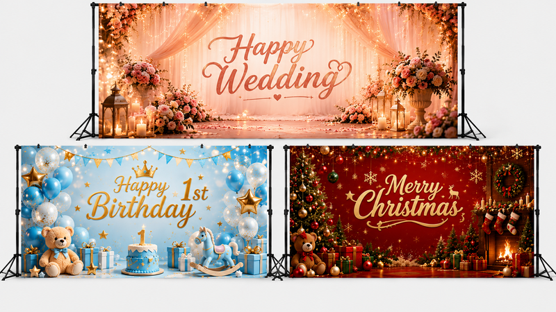 Wedding, 1st birthday, and Christmas themed backdrop banners with festive decorations and vibrant event styling.