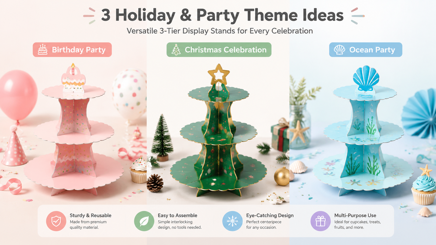 Three 3-tier themed display stands for birthday, holiday, and ocean parties, colorful and reusable