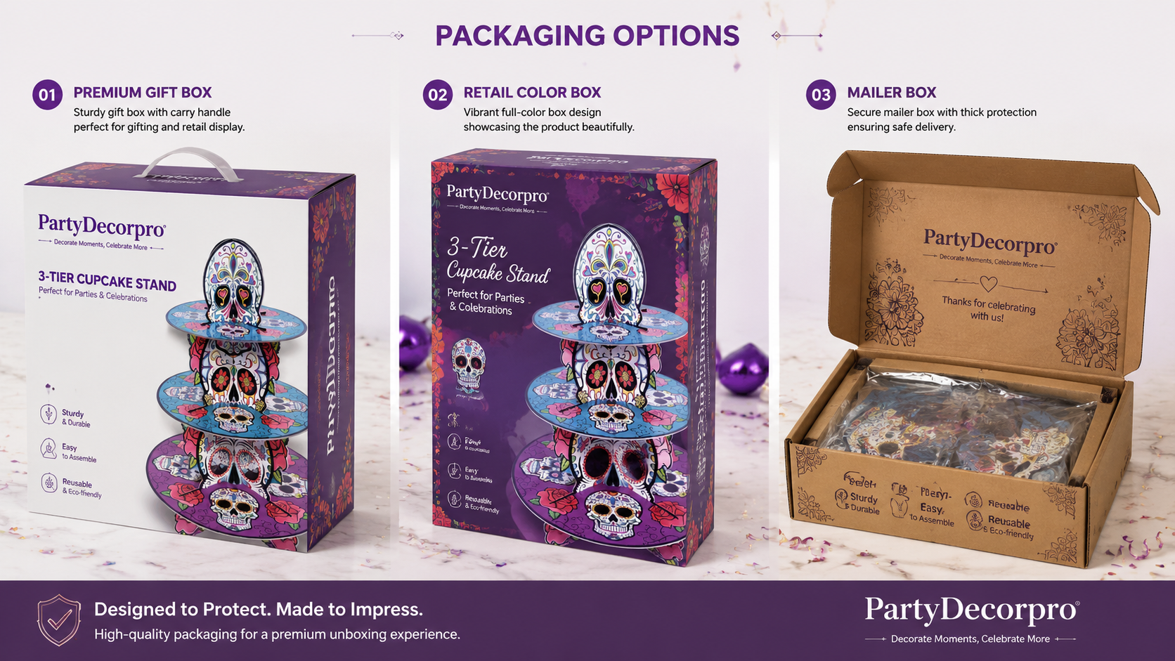 Premium 3D cupcake stand packaging options including gift box, retail color box, and mailer box for secure and attractive product display.