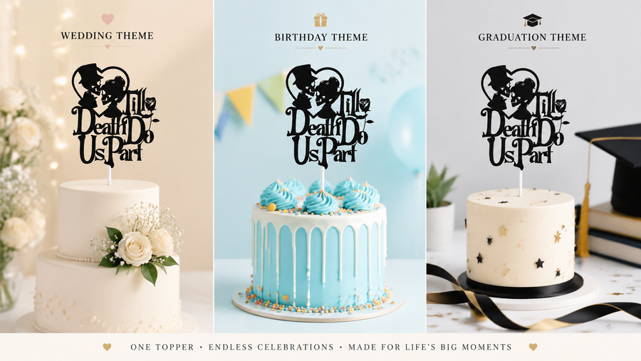 Black creative cake toppers for wedding, birthday, and graduation, customizable and detailed decoration