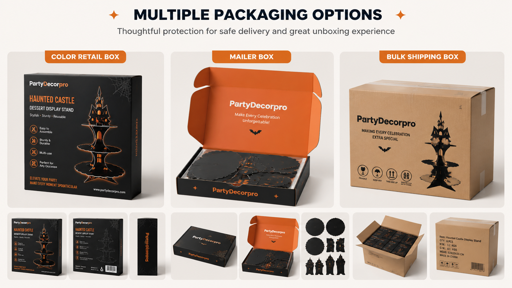 Various cake display stand packaging options, customizable with client branding