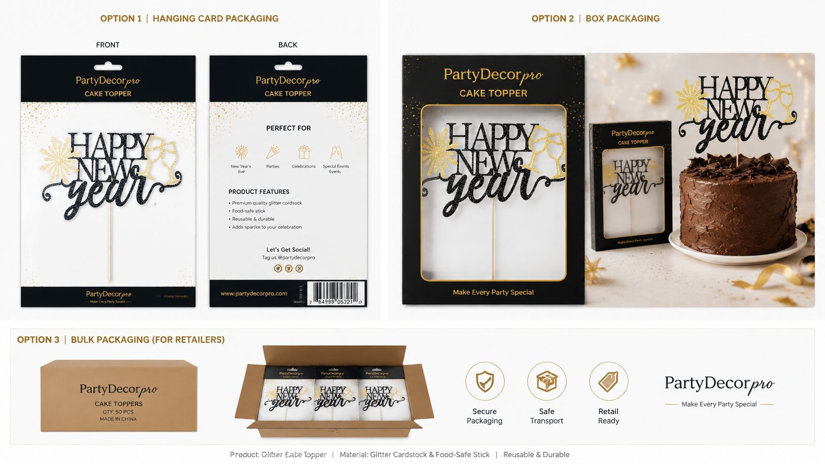 Three cake topper packaging options showcasing customizable styles for brand display.