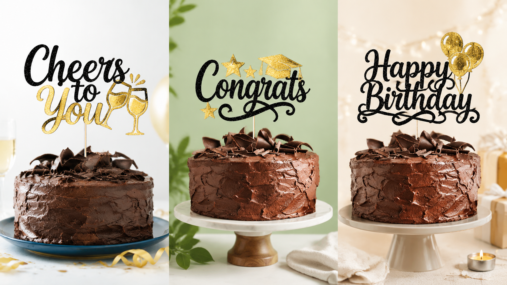 Multi-theme chocolate cakes with sparkling cake toppers for New Year, graduation, and birthday celebrations.