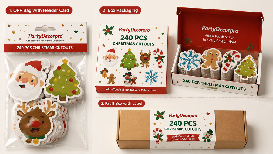 This product showcases various holiday-themed packaging options including clear OPP bags, colorful boxes, and kraft boxes, customizable to highlight your brand.