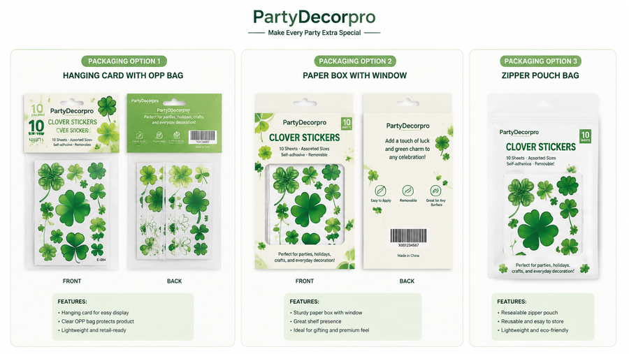 Clover sticker packaging in hanging card, paper box, and zipper pouch, customizable for brand display.