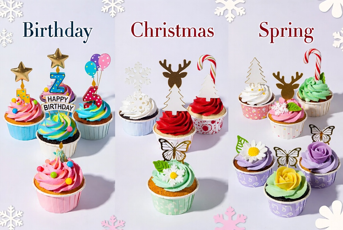 Colorful cupcake toppers collage for Birthday, Christmas and Spring themes with stars, snowflakes, flowers and butterflies on white background