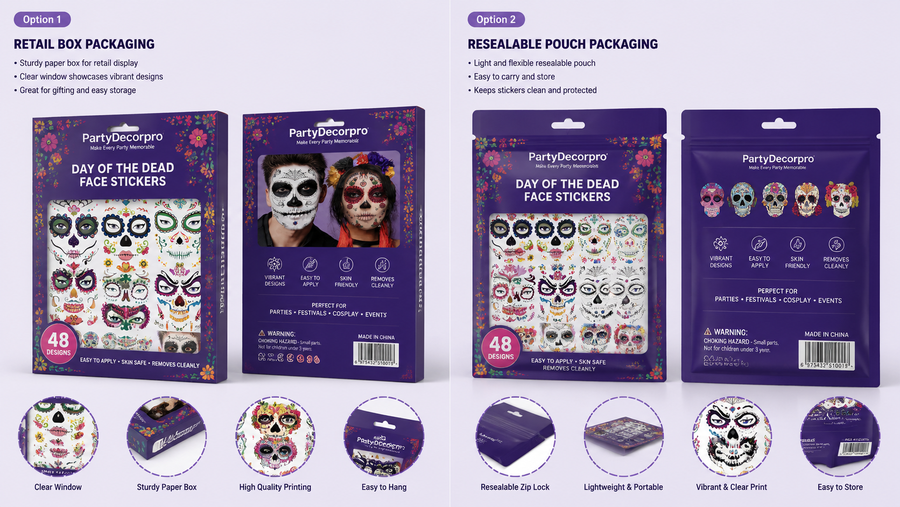 Day of the Dead face sticker packaging in retail box and resealable pouch, customizable, vibrant designs.