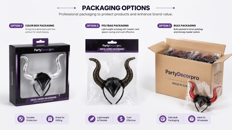 Devil horn headbands with three distinct packaging styles, highlighting customization and retail-ready design.