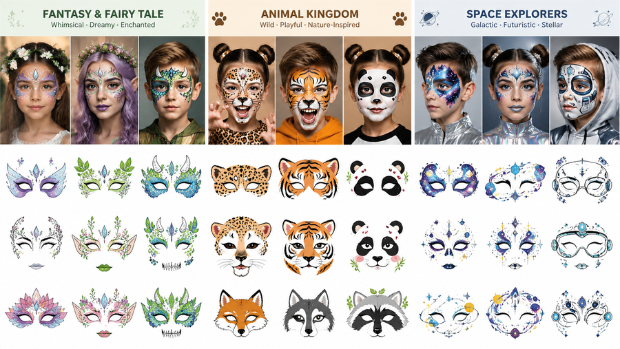 Colorful and detailed face painting templates and examples for festive and party themes, showcasing multiple designs and styles.