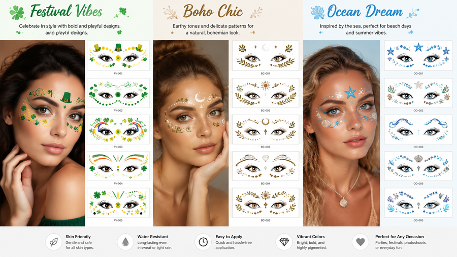Themed face sticker collection showcasing Festival, Boho, and Ocean designs on models with vibrant, colorful, water-resistant face decals.