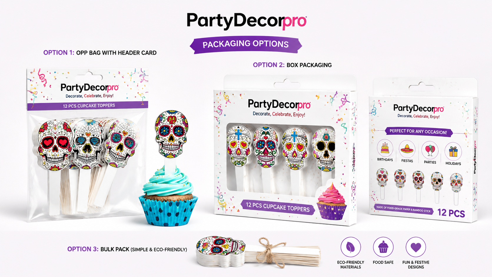 Colorful cupcake topper packaging options with customizable designs for festive occasions.