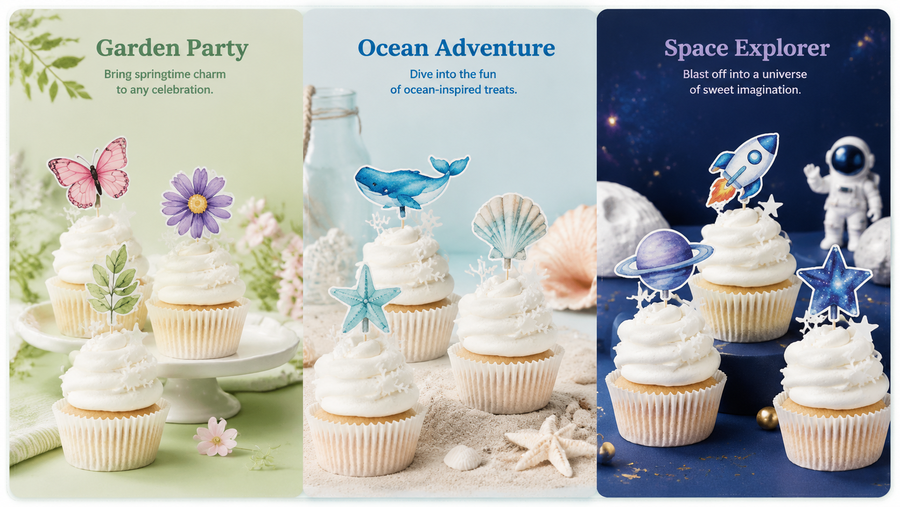 Festive themed cupcakes with tree toppers and snowflake accents, soft vanilla cake, customizable designs