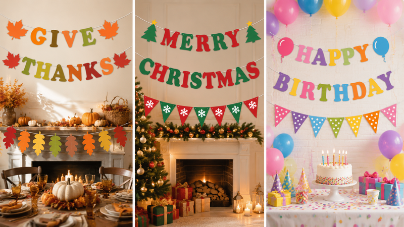 Festive party banners with diverse shapes and themed backgrounds for seasonal and event decoration