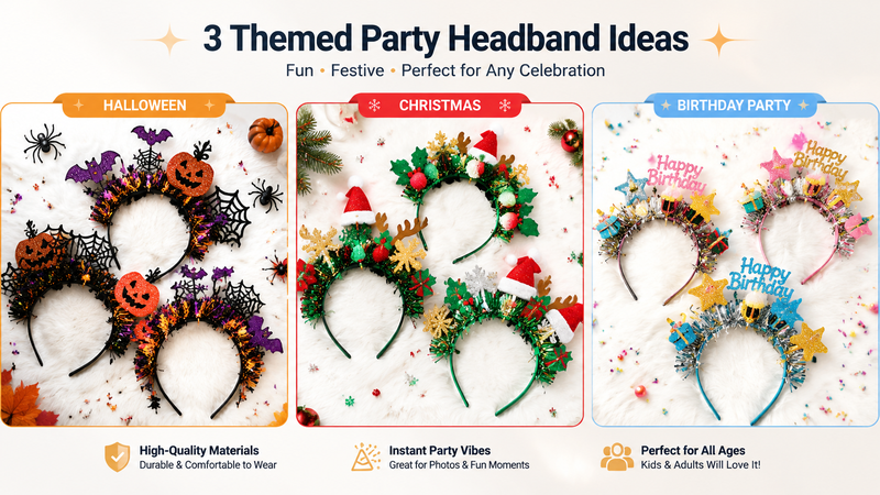 Festive party headbands with soft fabric, sequins, and decorative beads, ready for customization and bulk distribution.